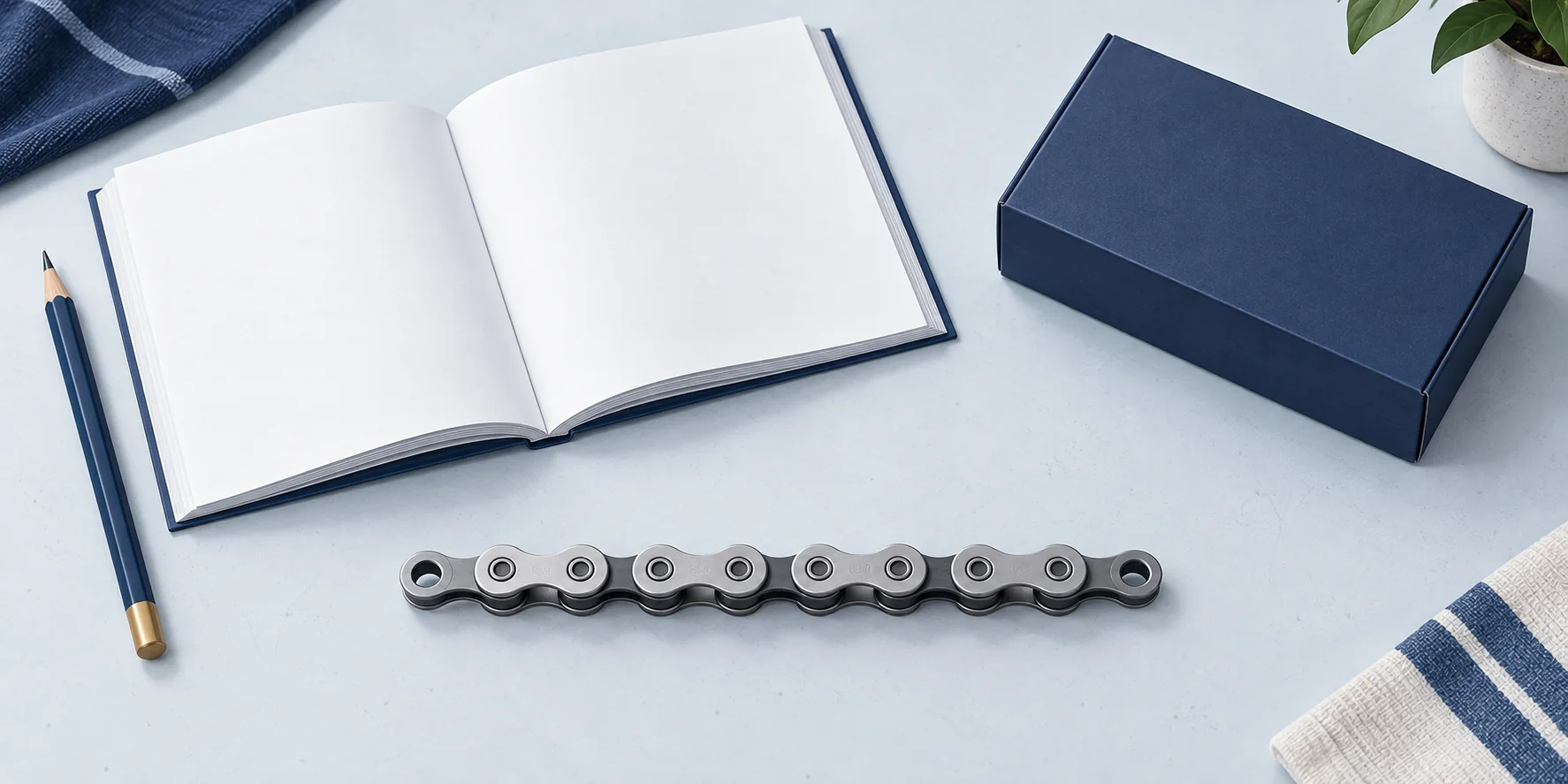 Concept illustration of a bicycle chain and documentation laid out for a compatibility check.