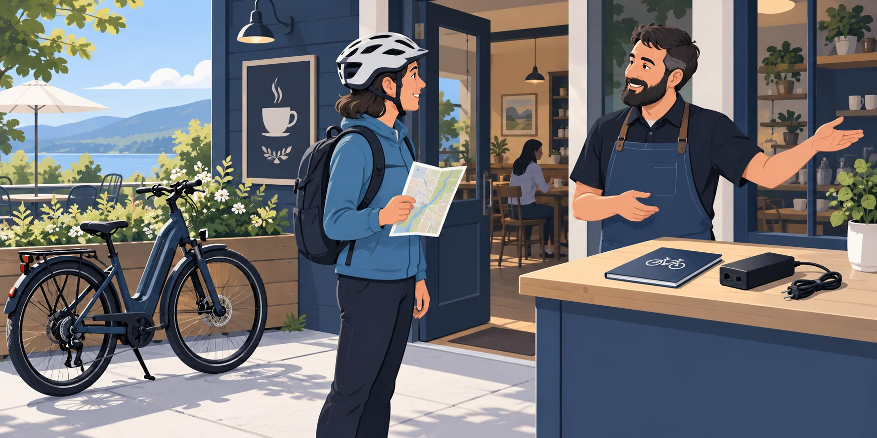 Concept illustration of a cyclist asking a venue operator about access, beside an unplugged charger, booklet and parked e-bike.