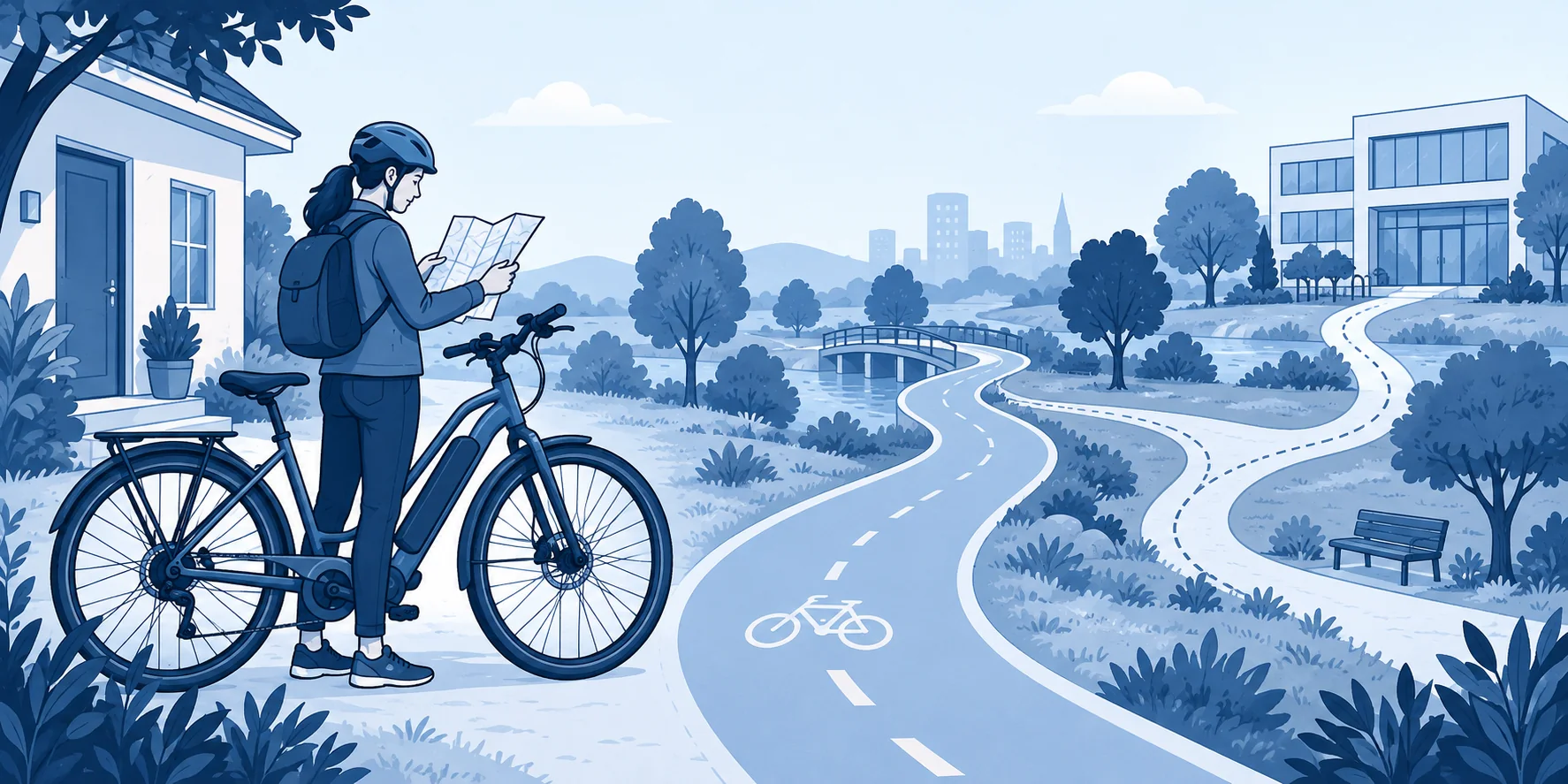 Conceptual illustration of a person planning a route between home and work beside an unbranded e-bike.