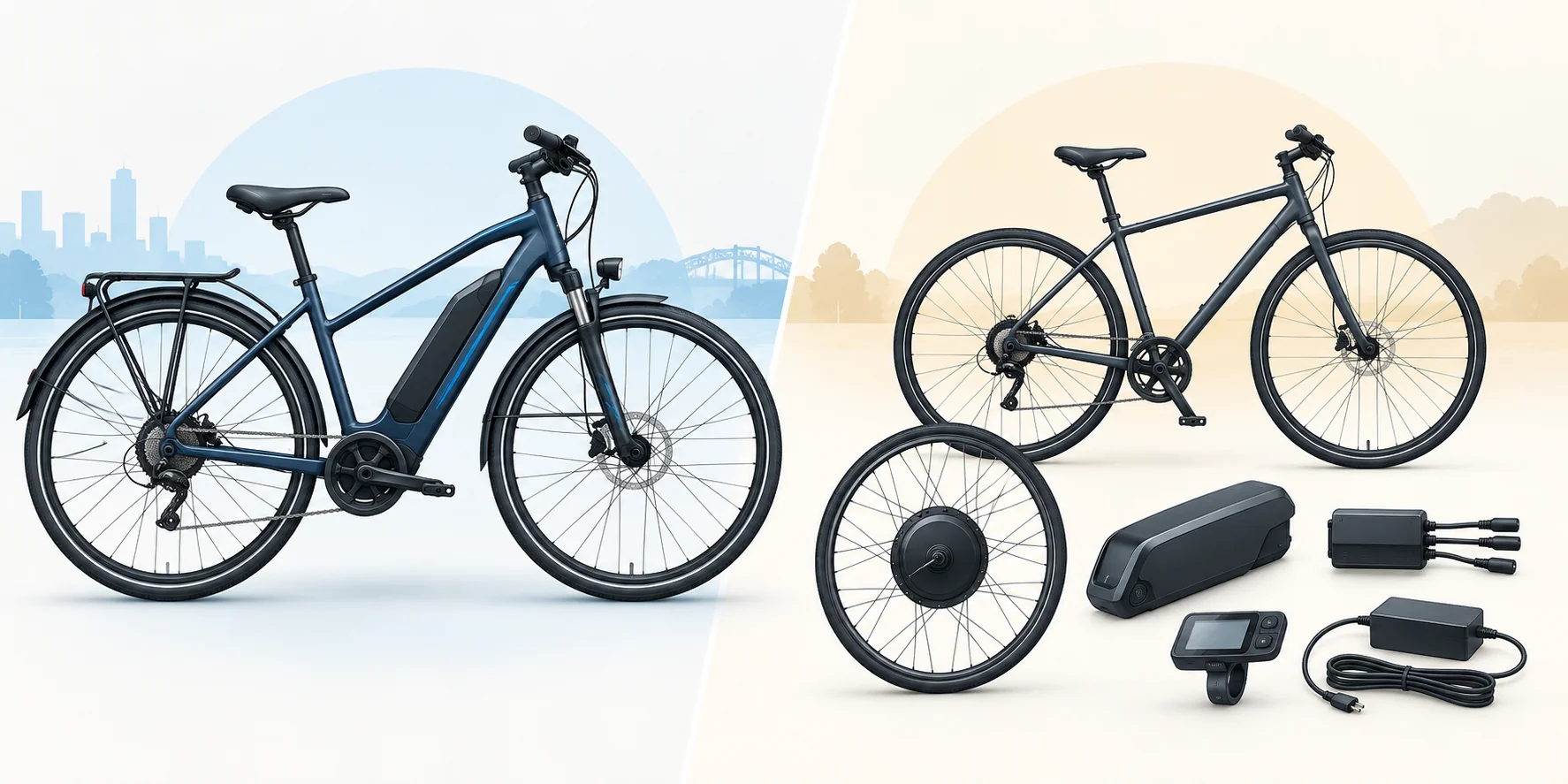 Conceptual comparison: a completed commuter e-bike beside an ordinary bicycle and separate hub wheel, closed battery, controller, display and charger.