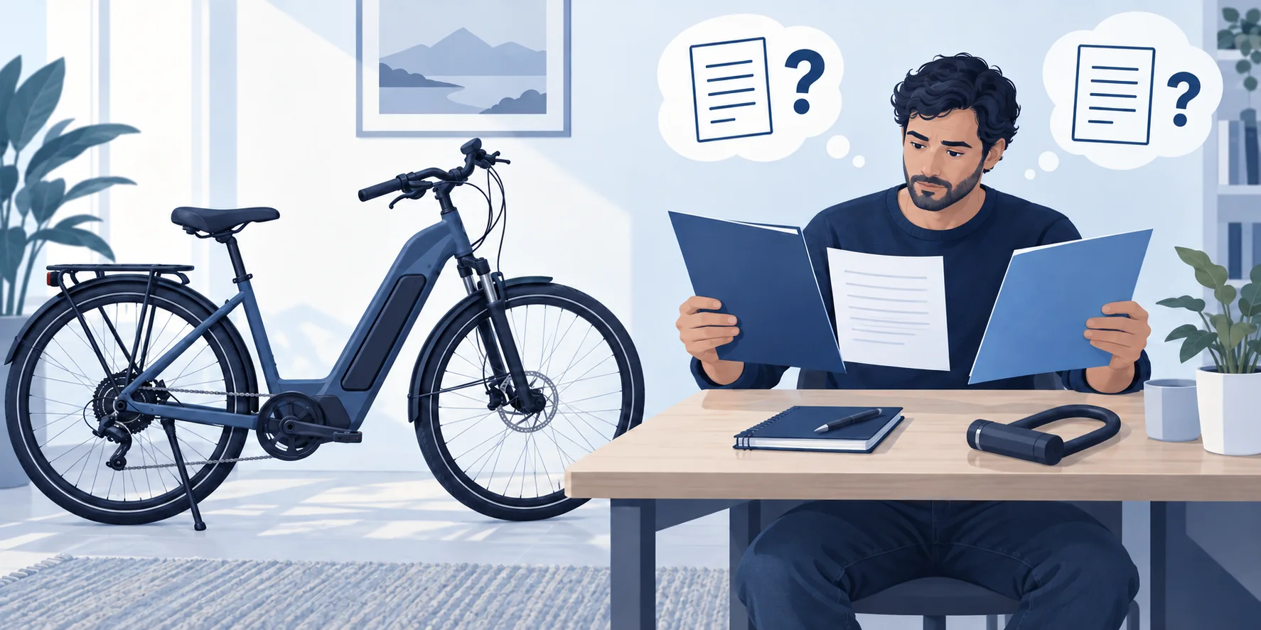 Conceptual illustration of a person comparing paperwork beside an unbranded e-bike and a lock.