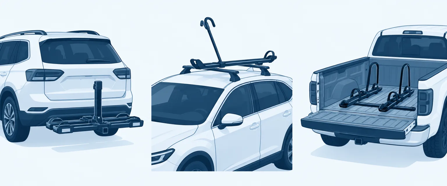 Conceptual illustration of empty hitch, roof and truck-bed bike rack mounting approaches.
