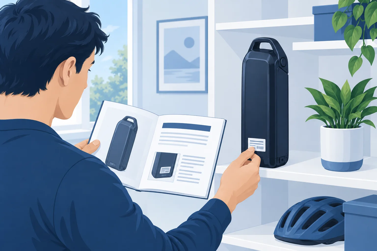 Illustration of a rider comparing a sealed battery identification label with its instruction booklet.