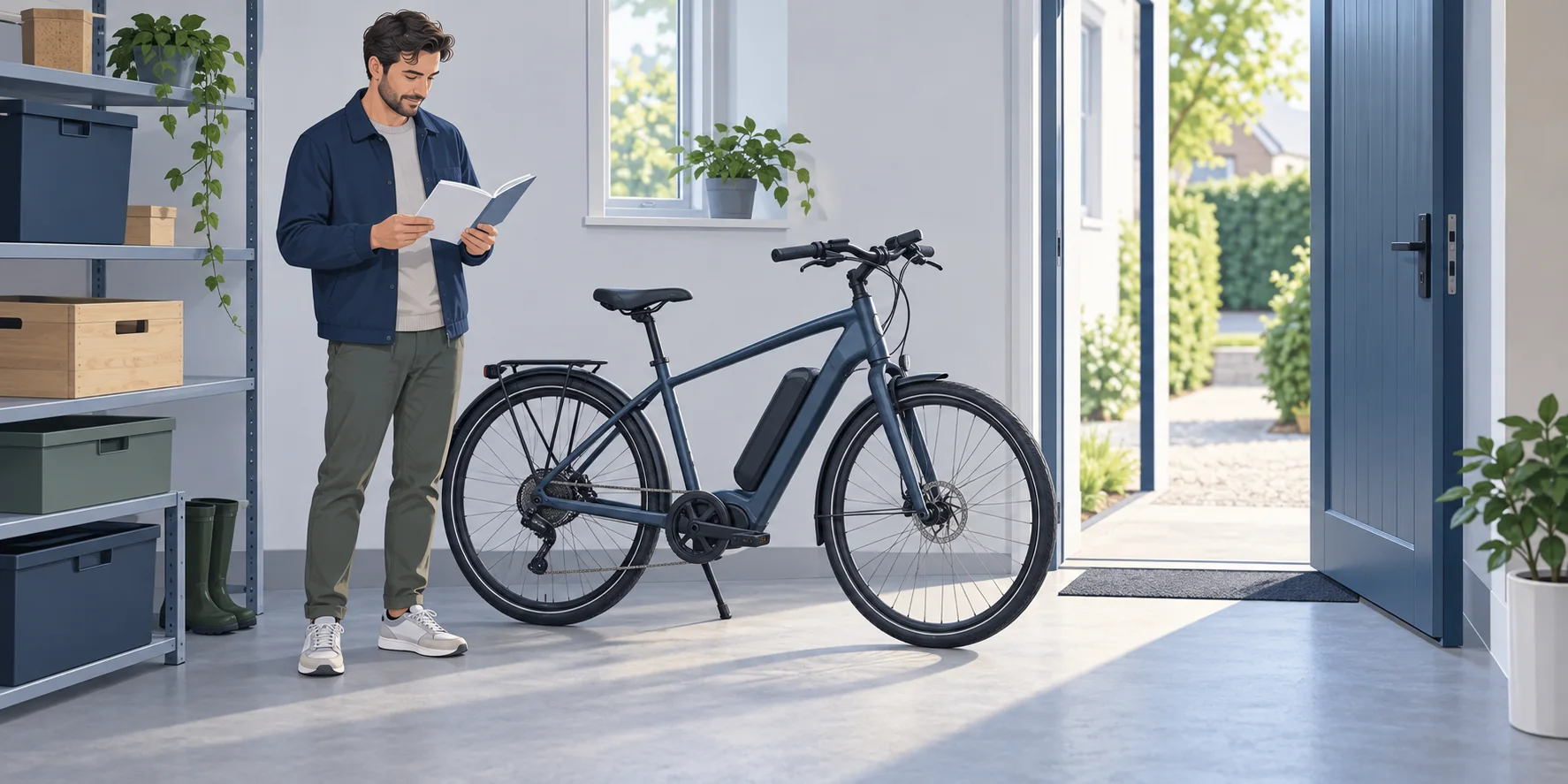 Concept illustration of a rider consulting a bike manual beside a parked unbranded e-bike in a tidy storage area.