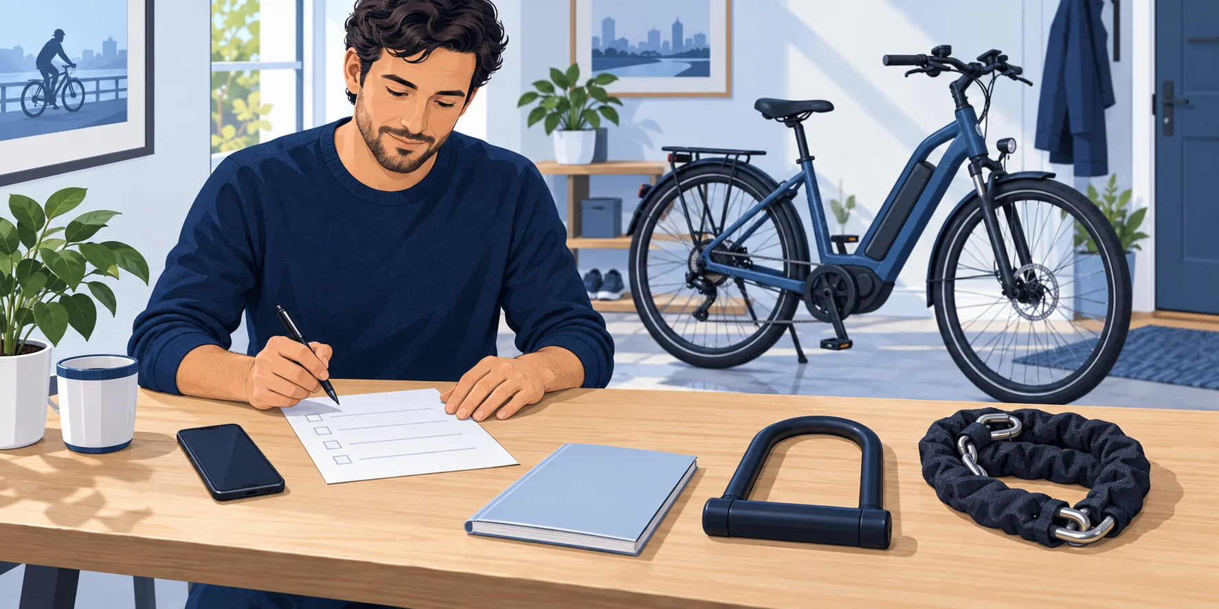 Concept illustration of a cyclist preparing a blank identification checklist, with separate unbranded locks and a parked e-bike.