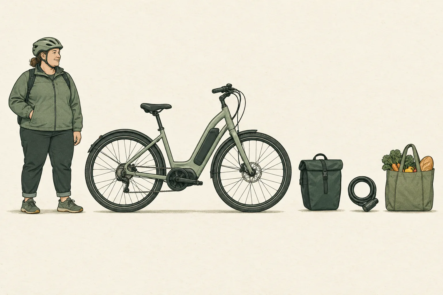 Illustration separating a rider, an electric bicycle with battery, accessories and grocery cargo.