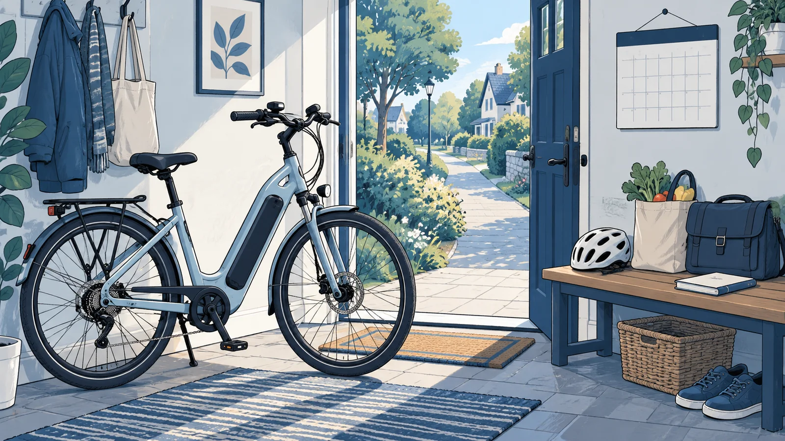 Conceptual illustration of a parked e-bike in a home entryway, with a helmet, grocery tote, work bag, notebook and blank calendar nearby.