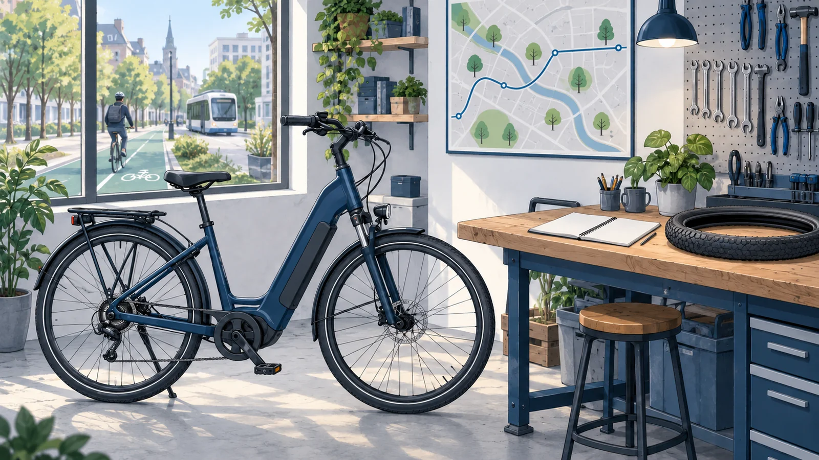 Illustrated intact e-bike in a workshop with a maintenance notebook, spare tire and route map; a bicycle lane and transit vehicle are visible outside.