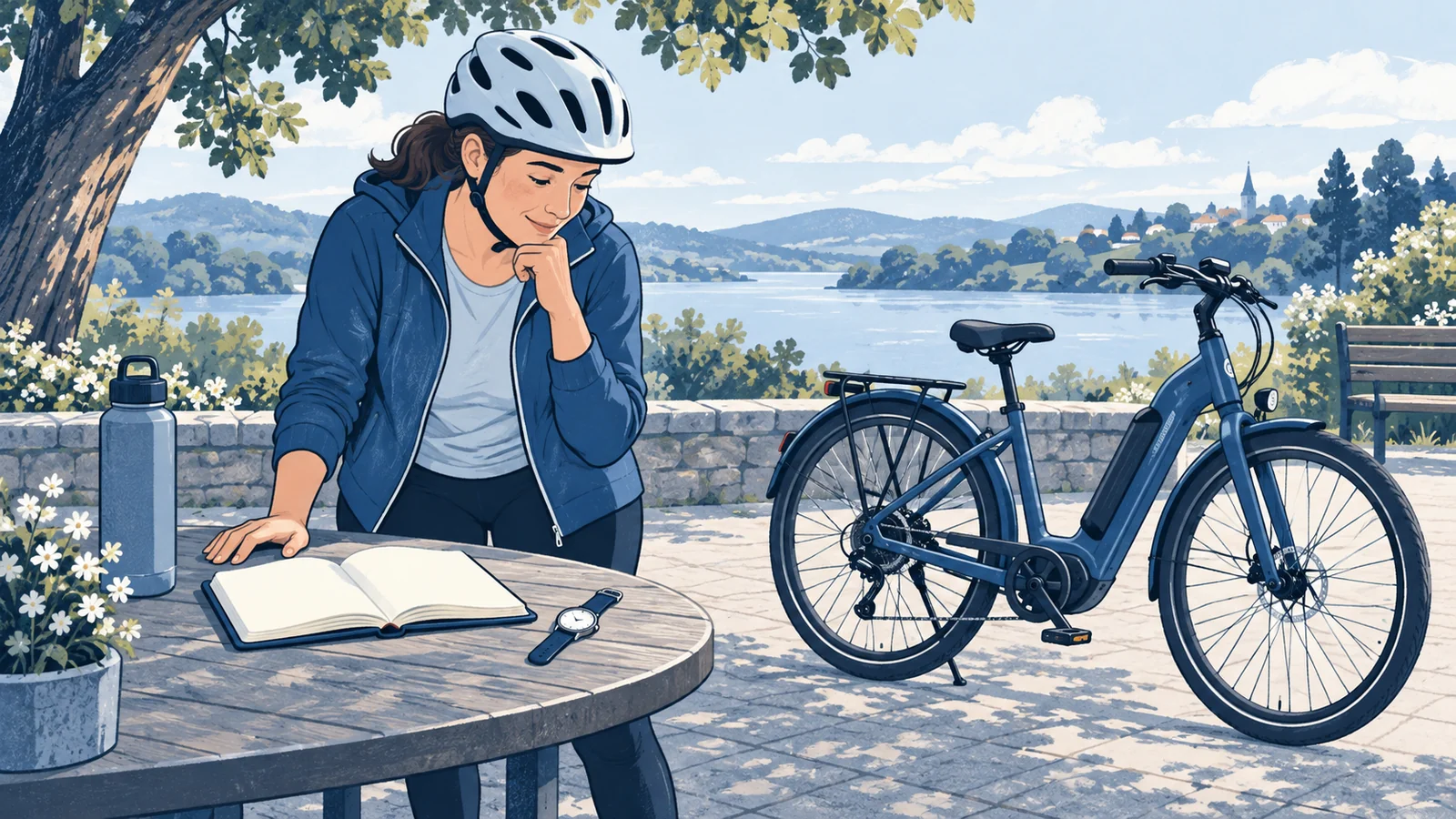 Illustrated helmeted adult reviewing a blank notebook beside a parked e-bike at a quiet park table.