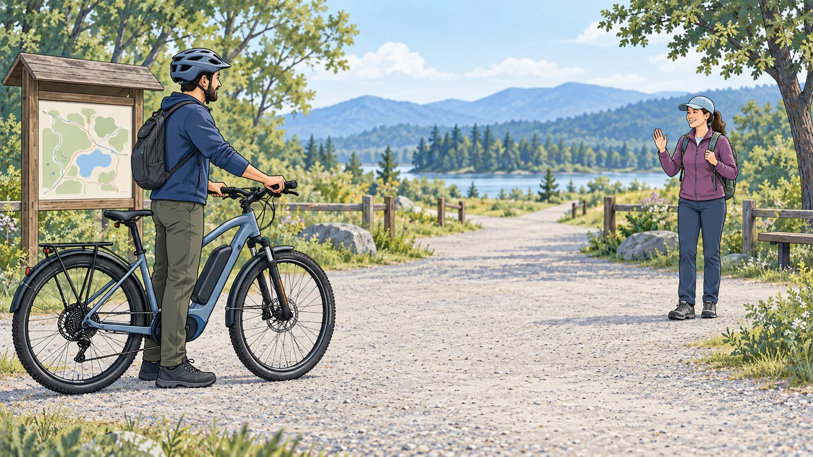 Illustrated helmeted rider standing beside a stationary e-bike and greeting a walker across a broad trail entrance.