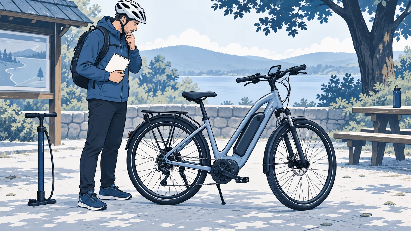 Illustrated helmeted adult holding a blank notebook beside a parked e-bike and checking its blank handlebar display.