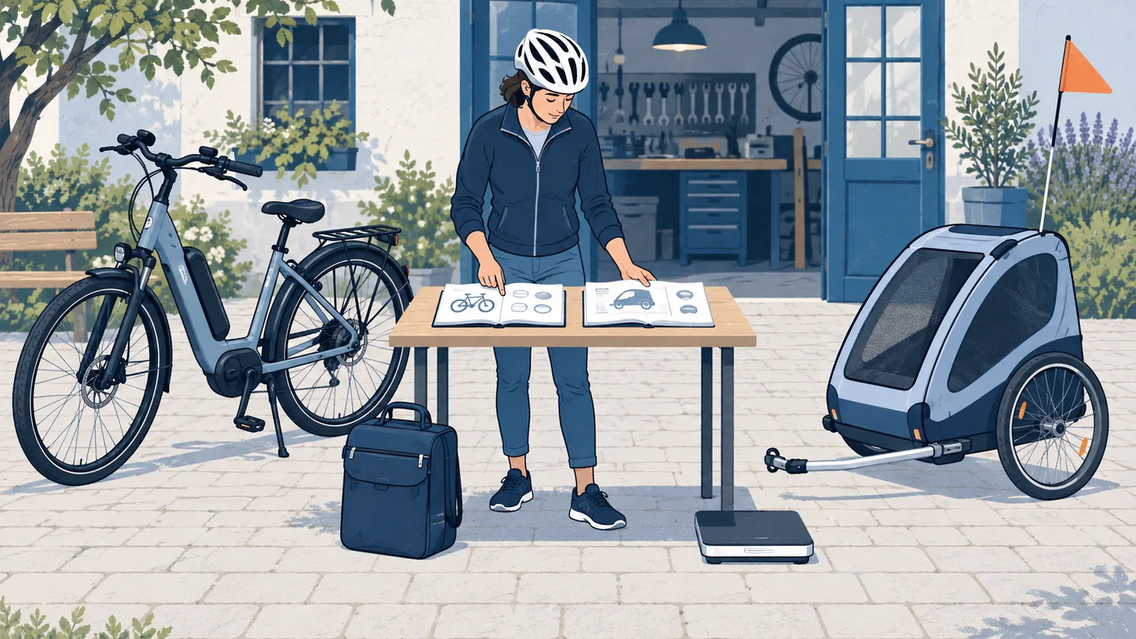Illustrated adult comparing instructions beside a parked e-bike and a separate empty trailer, with a bag and scale nearby.